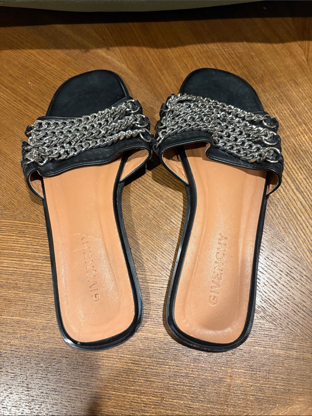 Givenchy Black Slide Sandals with Silver Chain Detail